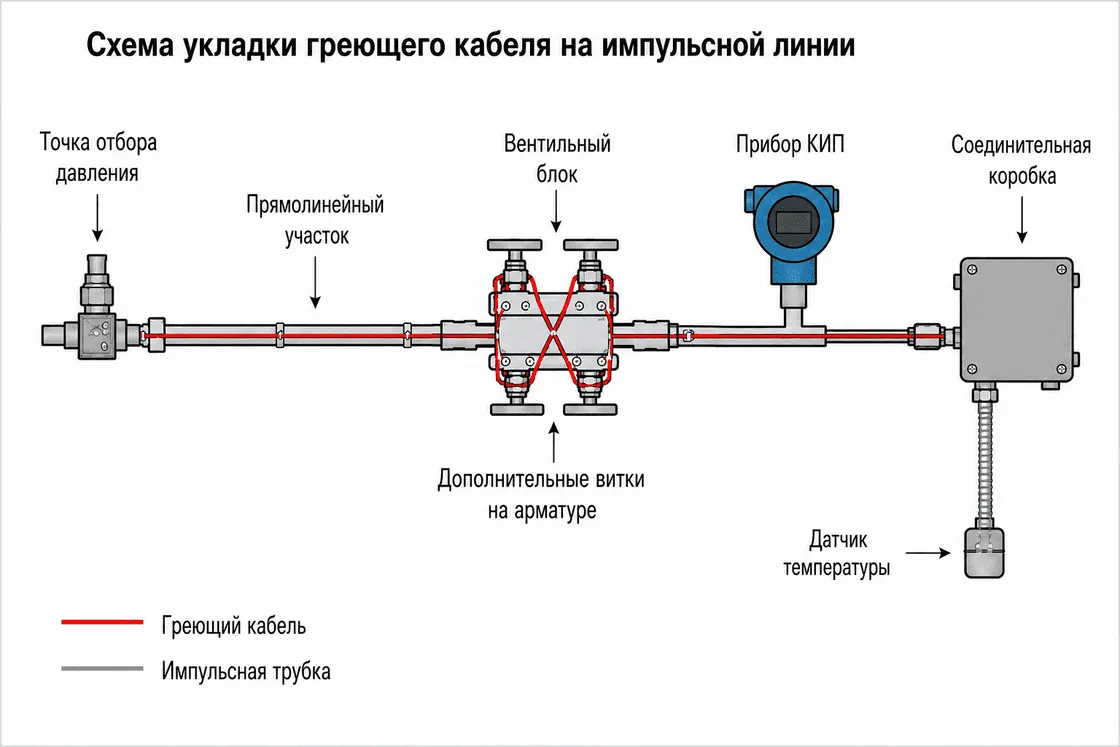 Схема укладки греющего кабеля на импульсной линии